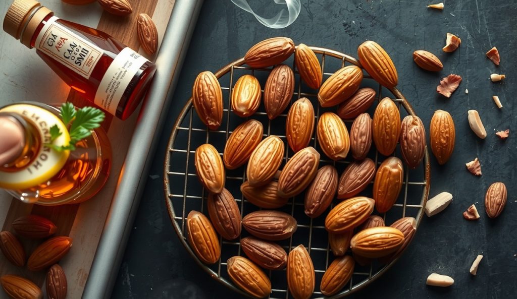 Bourbon-smoked maple-cayenne almonds cooling on a wire rack with a jigger of bourbon and maple syrup bottle staged nearby, showing the deep amber caramel coating of the bourbon substitution variant.