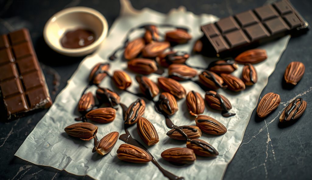 Smoked maple-cayenne almonds on parchment with tempered 70% dark chocolate drizzled in thin ribbons across the cooled batch — the dairy-free chocolate finish variation with chocolate setting to matte.