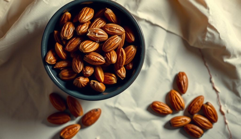 Mound of maple-cayenne smoked almonds in a dark enamelware bowl, lacquered sugar-glass coating gleaming, cayenne flecks and sea salt crystals visible, a few nuts spilled on cream linen, faint smoke curl rising.