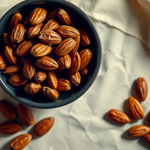 Mound of maple-cayenne smoked almonds in a dark enamelware bowl, lacquered sugar-glass coating gleaming, cayenne flecks and sea salt crystals visible, a few nuts spilled on cream linen, faint smoke curl rising.