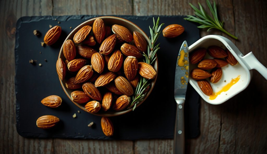 Smoked almonds coated in cracked black pepper and fresh rosemary on a dark slate board, showing herb fragments embedded in the glaze with a rosemary sprig garnish — the rosemary black pepper substitution variant.