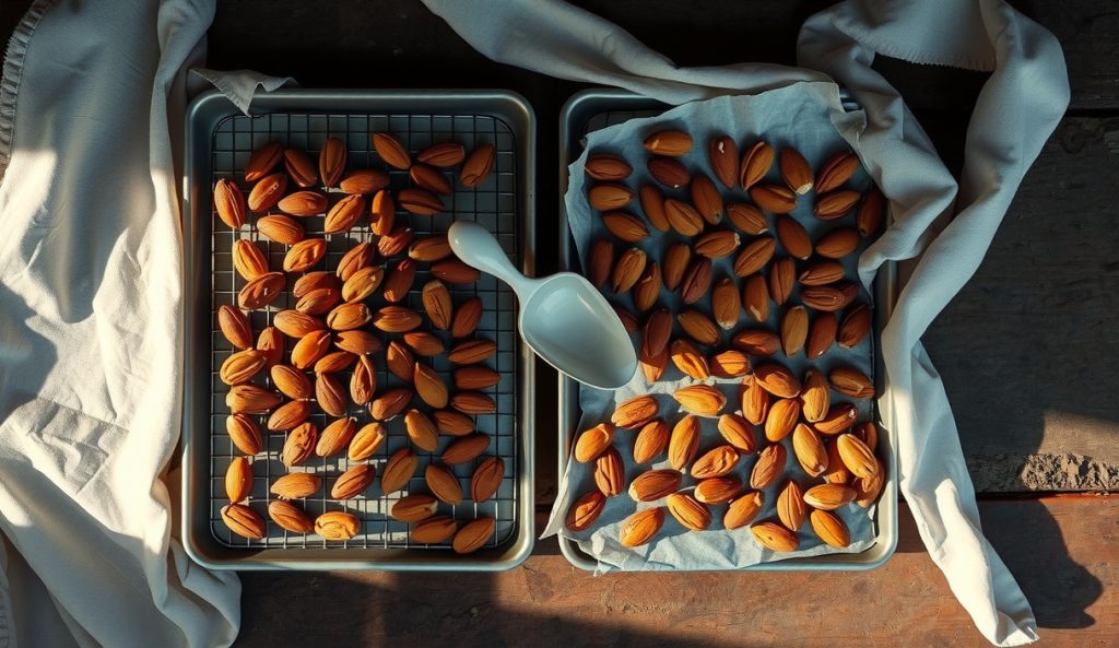 Three pounds of maple-cayenne smoked almonds spread evenly across two wire racks over sheet pans, showing the large-batch scaling setup with single-layer smoke contact and mahogany glaze coating.