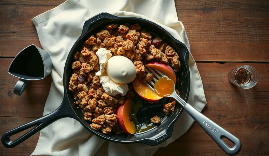Bourbon and brown butter smoked apple crisp in cast iron with extra-deep mahogany crumble browning, a shot glass of bourbon and browned-butter saucepan alongside, pellet smoke drifting.