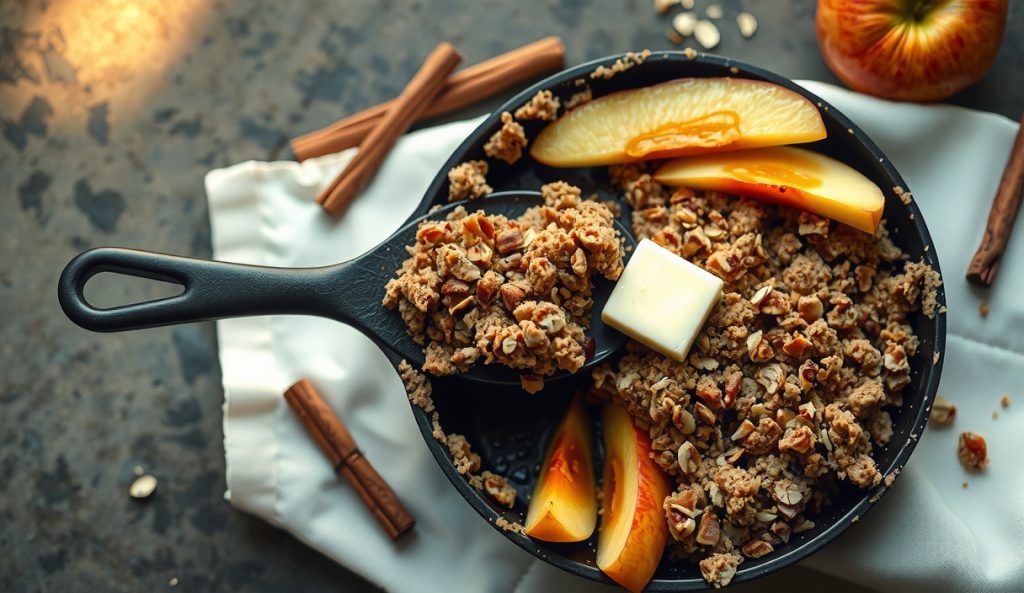 Top-down view of a cast iron skillet of smoked apple crisp, golden oat crumble blistered at edges, jammy caramelized apple slices visible where a spoon has broken through, butter glistening on the peaks.
