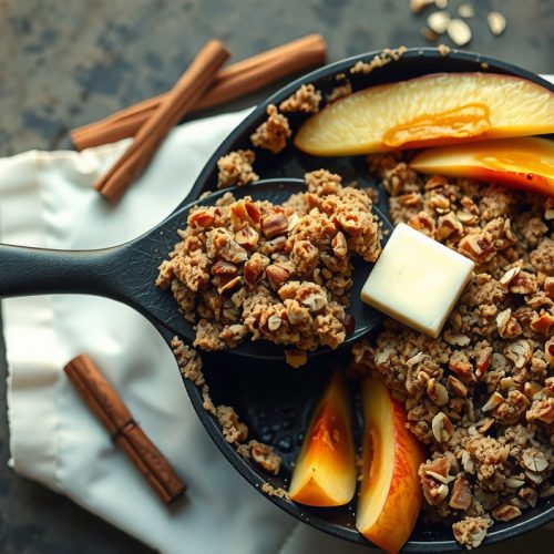 Top-down view of a cast iron skillet of smoked apple crisp, golden oat crumble blistered at edges, jammy caramelized apple slices visible where a spoon has broken through, butter glistening on the peaks.