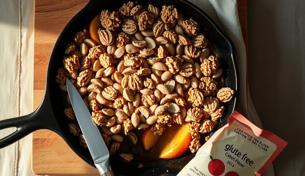 Gluten-free smoked apple crisp in cast iron with oat-flour crumble showing a sandy granular texture, certified GF oat flour bag visible alongside, apple filling bubbling at the edges.