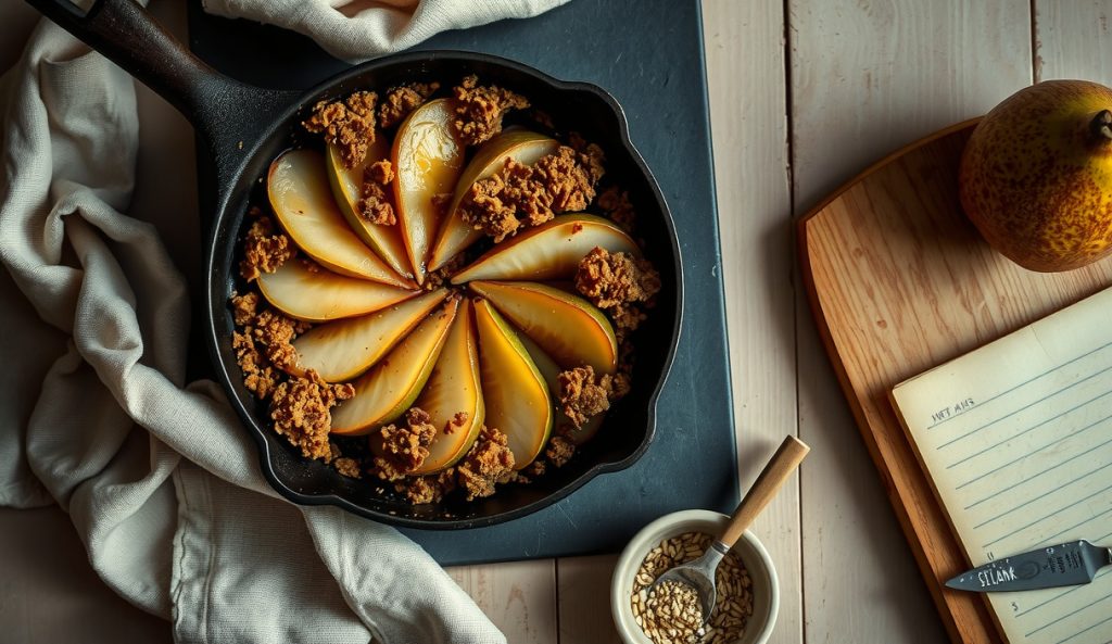 Pear and cardamom smoked crisp in cast iron with golden Bosc pear slices visible through the crumble, cardamom pods scattered alongside, cherry wood smoke drifting over the skillet.