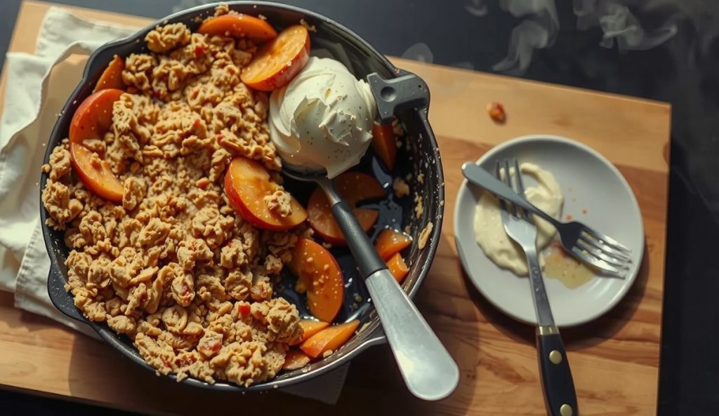 Crowd-scaled smoked apple crisp in a 12-inch cast iron skillet, brimming with thick golden crumble and bubbling apple filling, steam rising, resting on charred pellet grill grates.