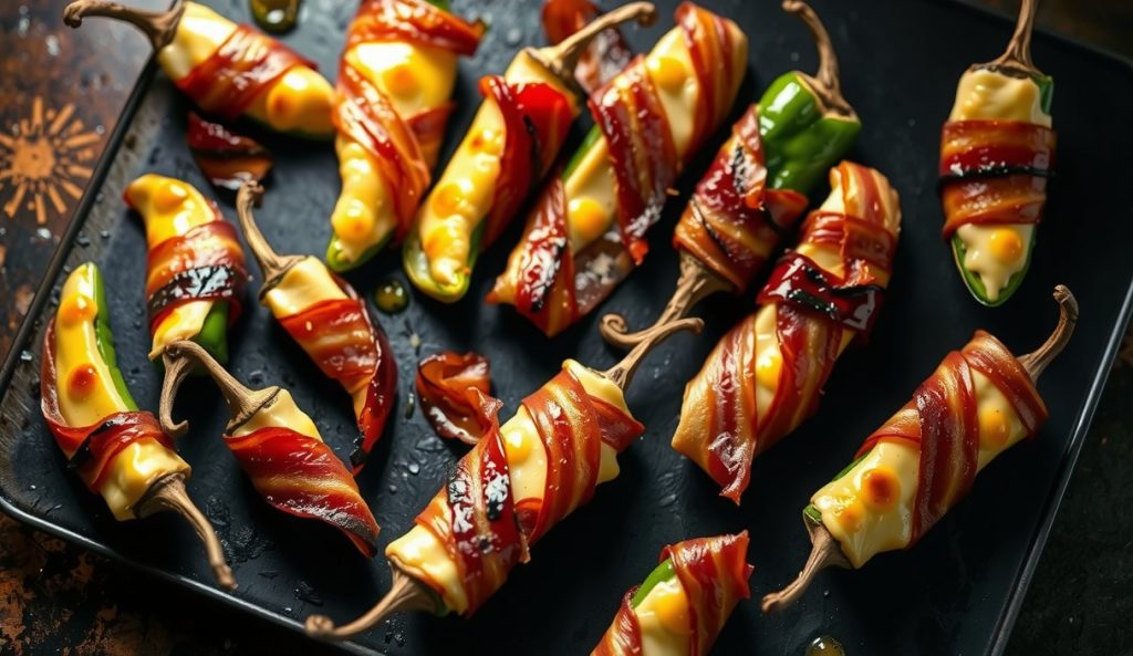 Smoked bacon-wrapped jalapeño poppers on a blackened wire rack, mahogany-crisp bacon with smoke ring at the pepper edge, cream-cheese filling bubbling at the tips, rendered fat pooling on the pan below.