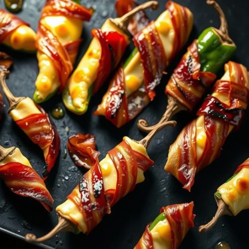 Smoked bacon-wrapped jalapeño poppers on a blackened wire rack, mahogany-crisp bacon with smoke ring at the pepper edge, cream-cheese filling bubbling at the tips, rendered fat pooling on the pan below.