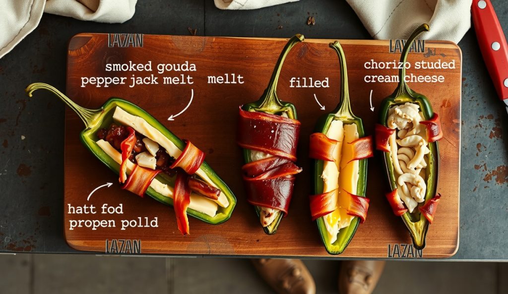 Four halved smoked bacon-wrapped jalapeño poppers on a cutting board revealing four distinct fillings — smoked gouda, pepper jack, chorizo, and crab — showing all filling variation options side by side.
