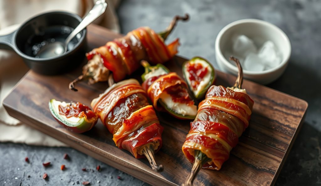 Smoked bacon-wrapped jalapeño poppers on a board alongside serrano peppers and an ice water soak bowl, with one popper sliced to show intact membrane — the heat escalation variant showing capsaicin control options.
