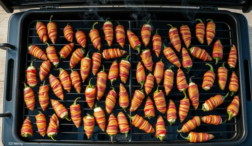 Two full grill grates loaded with evenly spaced smoked bacon-wrapped jalapeño poppers in a party-size batch, showing the double-grate setup with consistent spacing and mahogany bacon rendering.