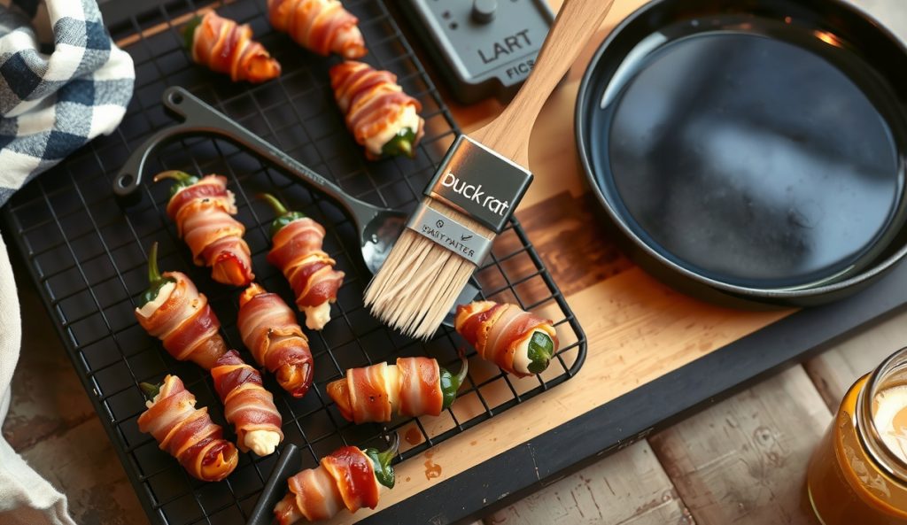 Smoked jalapeño poppers wrapped in turkey bacon on a wire rack with a duck fat basting brush poised for intervention, showing the pork-free turkey bacon wrap variant with its paler rendered exterior.