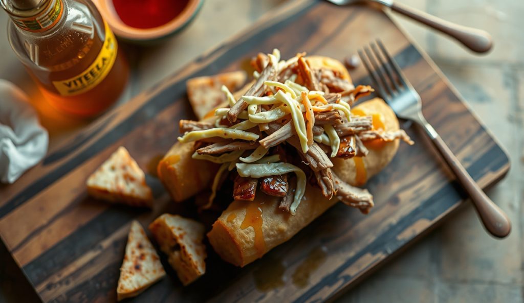 Smoked baked potato piled with pulled smoked pork shoulder, vinegar sauce ribbons, and a coleslaw scoop on a butcher block — smoke-on-smoke main course with juice pooling on the board.