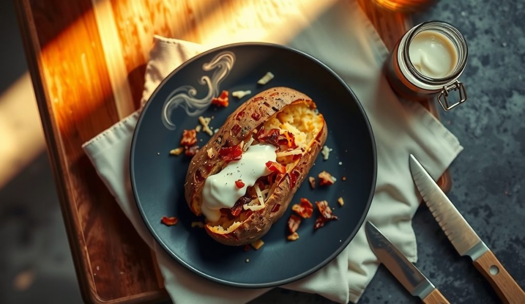 Dairy-free smoked baked potato split on a stoneware plate, topped with cultured cashew cream and broiler-melted plant-based cheddar shreds, a jar of cashew cream beside it.