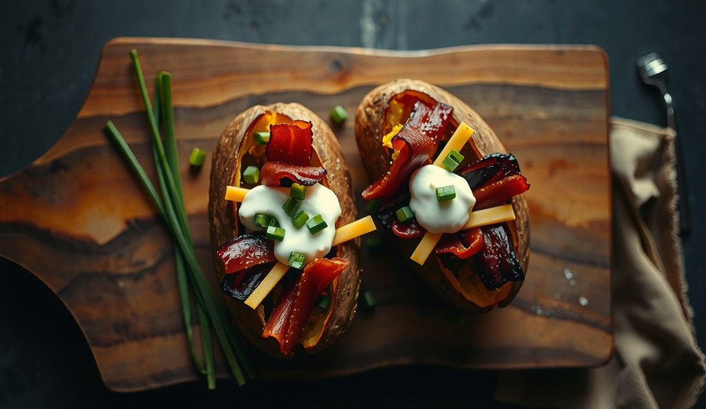 Top-down view of split smoked baked potatoes on a butcher block loaded with crispy thick-cut bacon, melted sharp cheddar, sour cream, and fresh chives, steam rising from the hot interior.