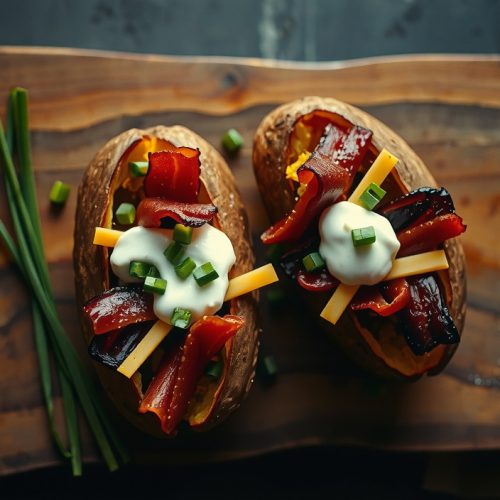 Top-down view of split smoked baked potatoes on a butcher block loaded with crispy thick-cut bacon, melted sharp cheddar, sour cream, and fresh chives, steam rising from the hot interior.