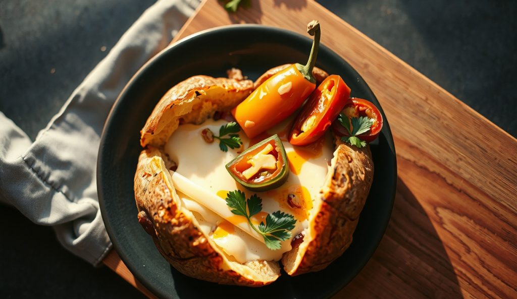 Southwestern smoked baked potato with melted pepper jack, chipotle crema drizzled over the top, and pickled jalapeño slices fanned on a dark stoneware plate.