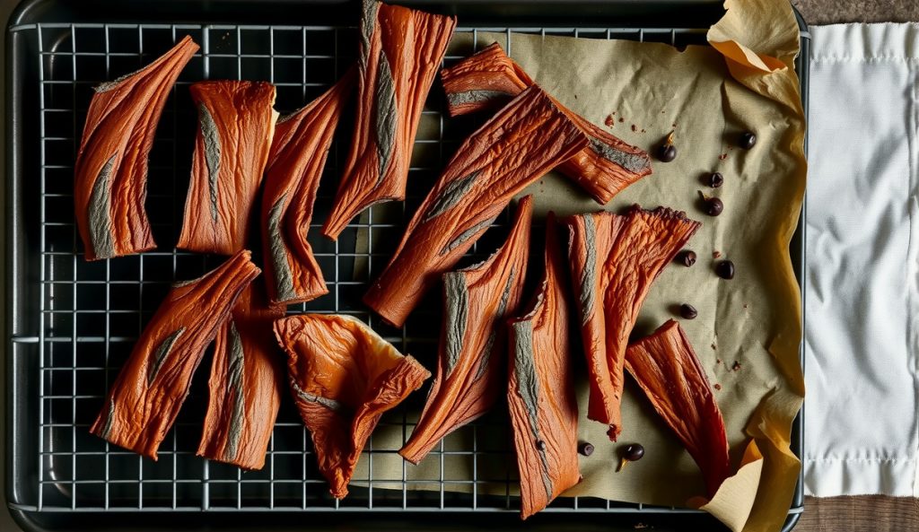 Smoked beef jerky strips on a blackened wire rack showing dark mahogany Maillard crust and lean muscle fiber texture, one strip bent to show flex, with hickory smoke haze and scattered peppercorns across the frame