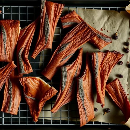 Smoked beef jerky strips on a blackened wire rack showing dark mahogany Maillard crust and lean muscle fiber texture, one strip bent to show flex, with hickory smoke haze and scattered peppercorns across the frame