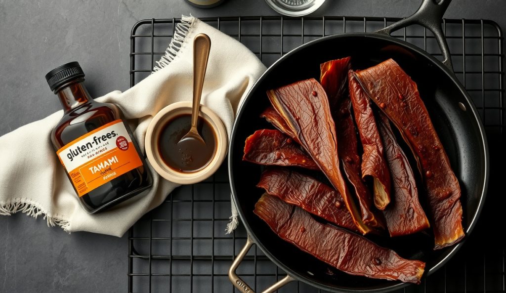 Gluten-free smoked beef jerky on wire rack with a bottle of tamari and gluten-free Worcestershire prominently displayed beside the finished strips, highlighting the soy sauce substitution.