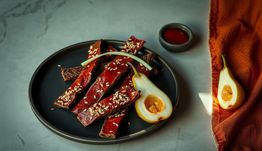 Spicy Korean-style smoked beef jerky with gochujang brick-red coating and sesame seeds on dark stoneware, Asian pear sliced open beside strips highlighting the fermented-chile marinade adaptation.