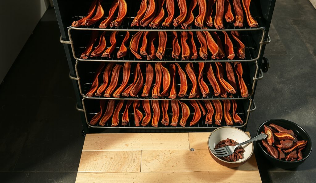 Large-batch smoked beef jerky scaling up to three fully loaded wire racks inside a smoker, dozens of lean round strips in rows, plus a bowl of raw marinated strips waiting, showing the doubled quantity.