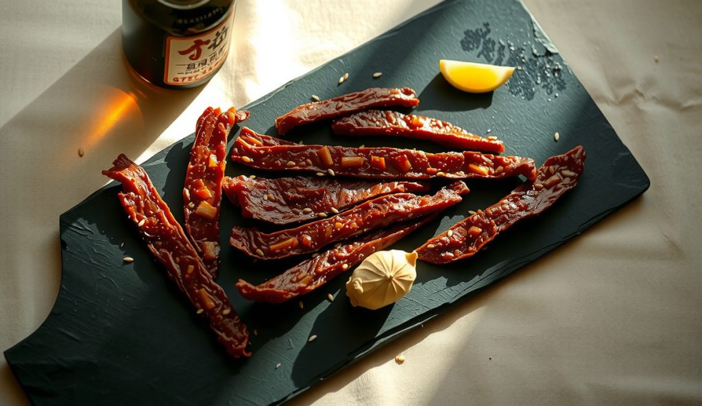 Teriyaki-style smoked beef jerky with lighter golden-brown mirin glaze on dark slate, mirin bottle and fresh ginger beside strips, showing the sweeter brighter finish distinct from standard dark jerky.