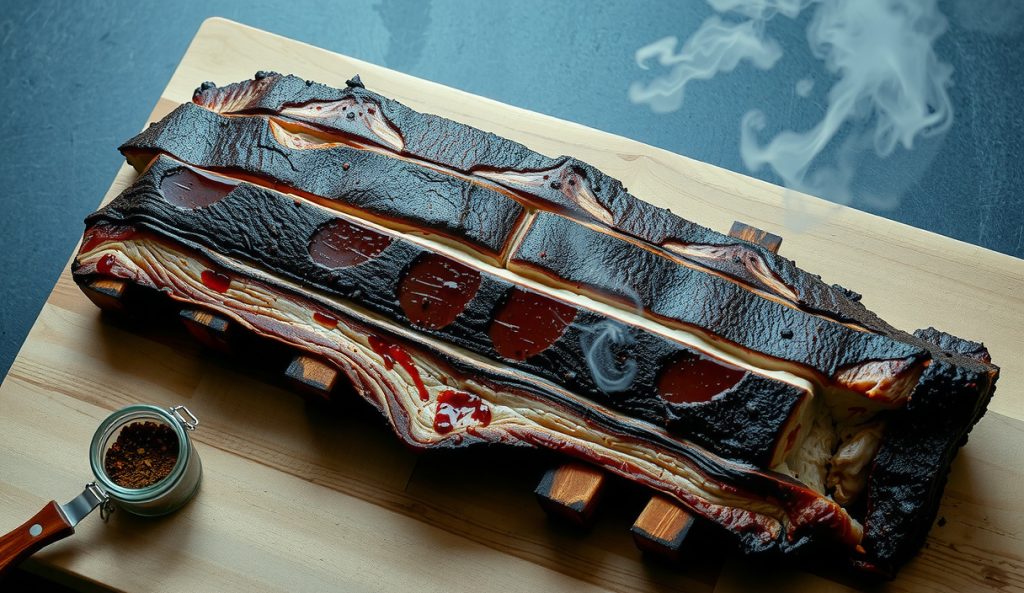 Smoked beef dino ribs with coffee-ancho rub bark showing dark espresso-brown and burgundy crust on butcher block, jar of coffee-ancho rub mixture open beside the slab, distinctly deeper bark color than standard pepper rub.