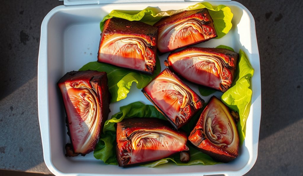 Competition turn-in box with six precisely sliced smoked beef dino ribs in uniform row, identical bark geometry and candy-lacquer sheen, consistent smoke rings, competition build presentation on lined white box.