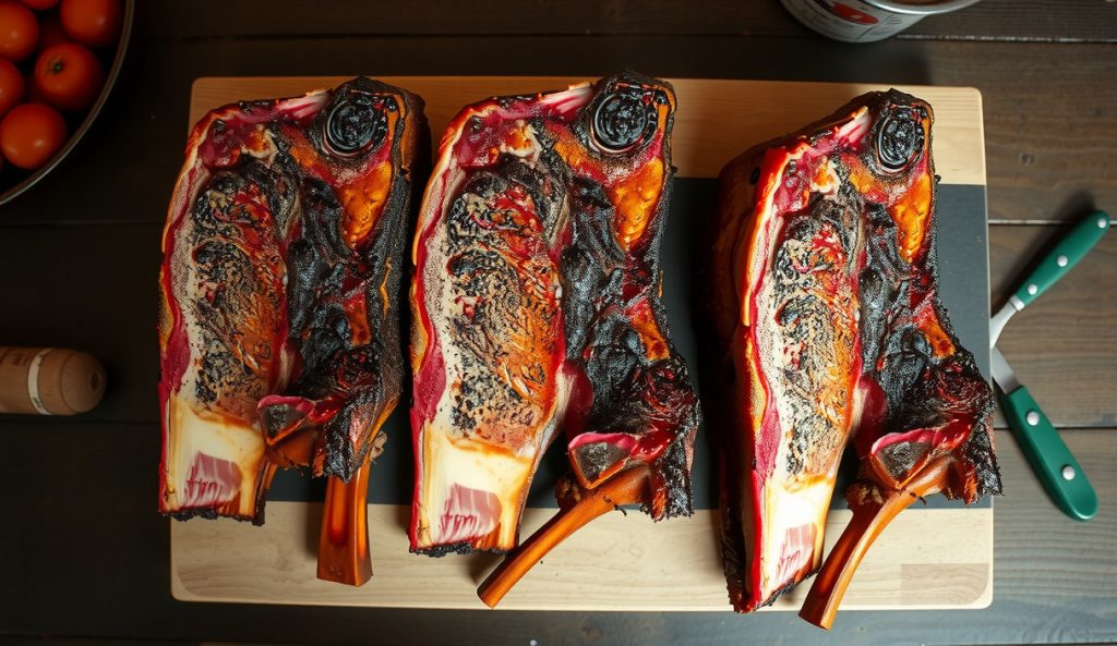 Three massive beef plate dino-bone ribs on a butcher block, showing deep lacquered mahogany pepper bark, a smoke ring at the sliced end, and glistening rendered gelatin pooling beneath the meat