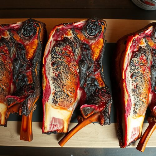 Three massive beef plate dino-bone ribs on a butcher block, showing deep lacquered mahogany pepper bark, a smoke ring at the sliced end, and glistening rendered gelatin pooling beneath the meat