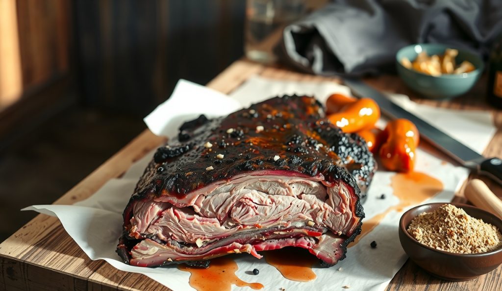 Gluten-free smoked beef dino-bone ribs with thick GF salt-and-pepper bark on butcher paper, deep pink smoke ring in cross-section, coarse rub pinch bowl, smoke drifting.