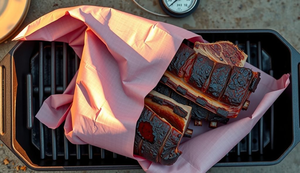 Beef dino ribs wrapped in pink butcher paper on a hot smoker grate at 310°F, hot and fast method visible, unwrapped corner showing aggressive dark bark, compressed cook window technique, juices soaking the paper.