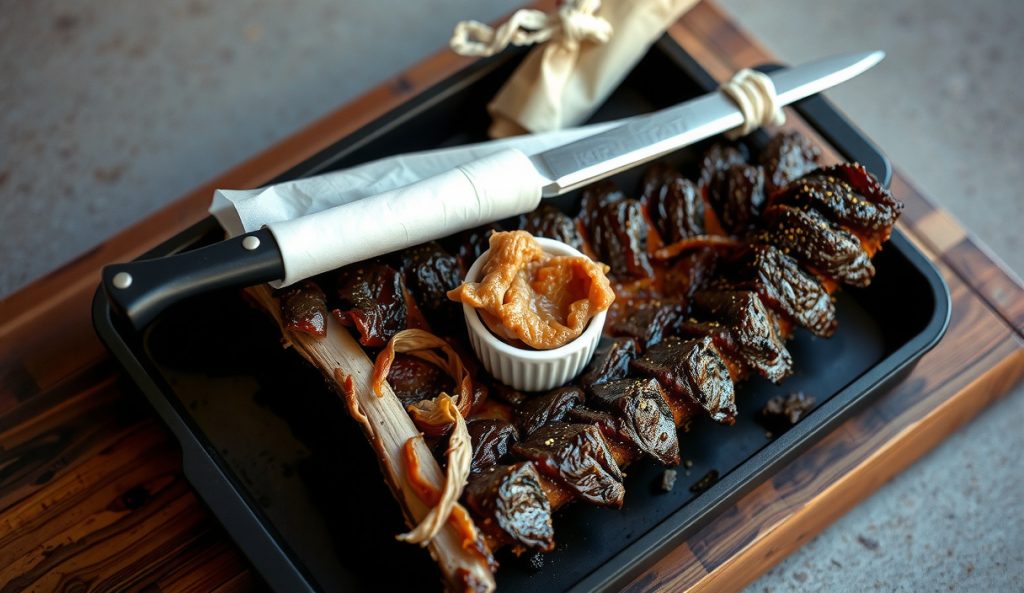 Keto smoked beef dino-bone ribs with deep sugar-free matte bark, rendered fat cap glistening, herb tallow in ramekin, smoke ring in pulled meat on dark enamelware tray.