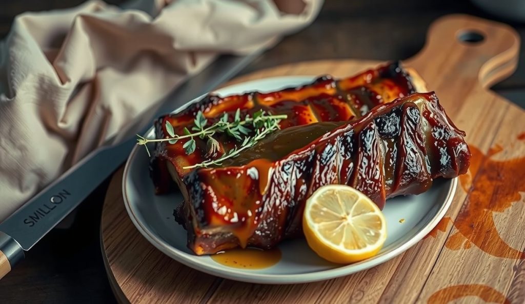 Low-sodium smoked beef dino-bone ribs with herb-citrus reduced-salt bark, dried thyme and lemon zest visible on crust, fresh herbs alongside, smoke ring in cross-section on butcher block.