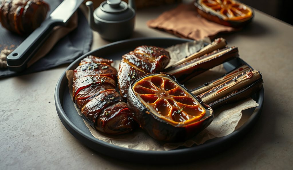 Vegetarian dino-bone companion: giant smoked portobello and eggplant slab with cracked-pepper char bark on butcher paper, caramelized cross-section, smoke drifting, herb-lemon baste glistening.
