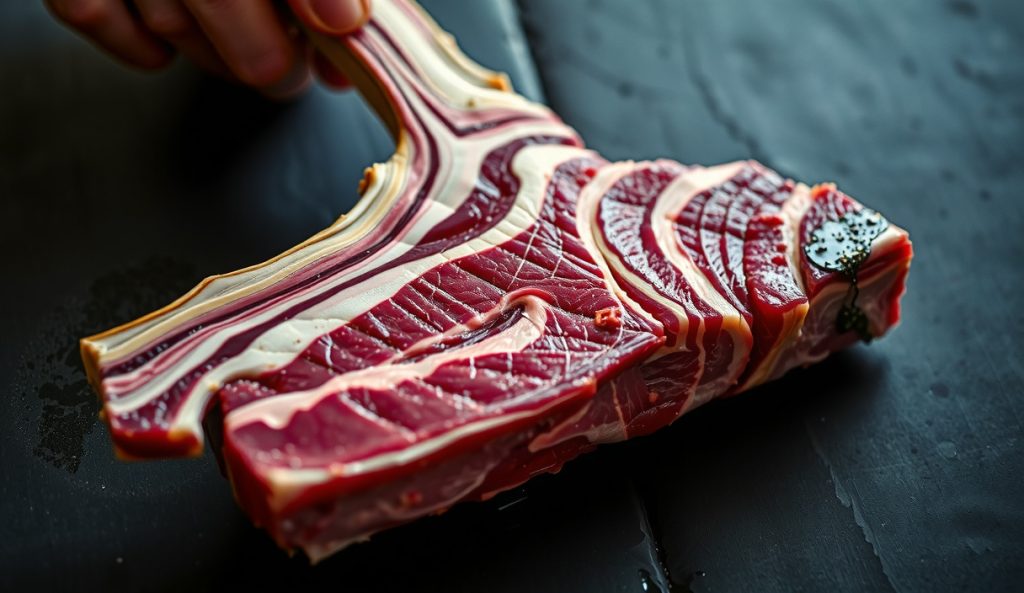 Single massive Wagyu beef plate rib slice on dark slate, relentless intramuscular fat marbling visible through the smoke ring, glistening rendered fat pooling at the base, minimal seasoning, BMS-grade marbling showcased.