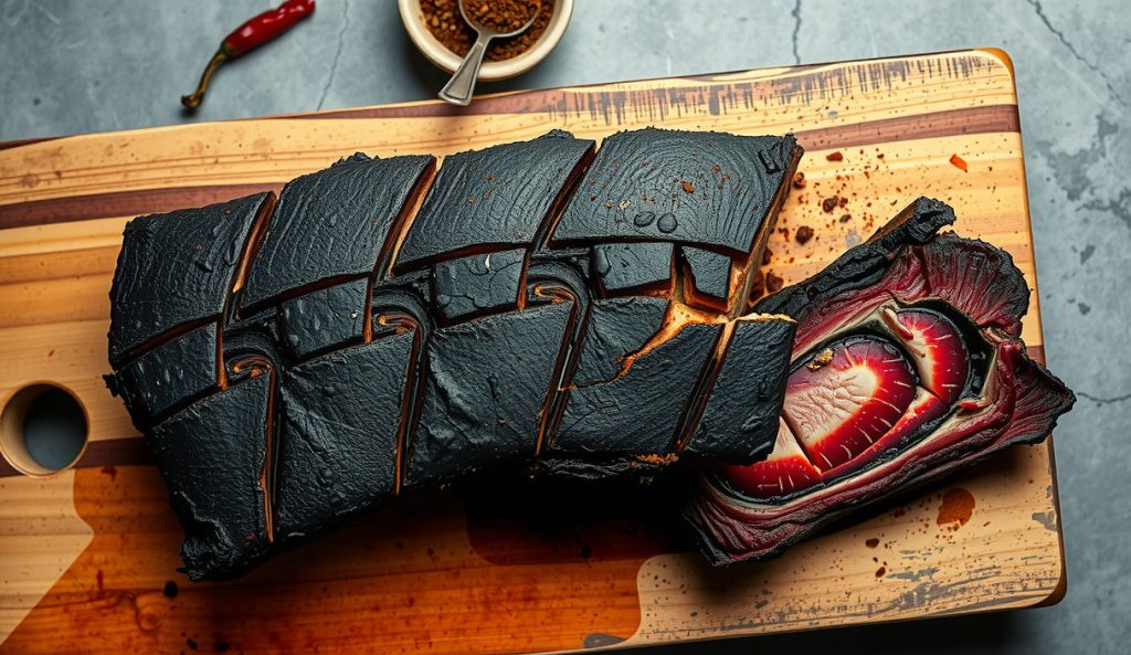 Smoked beef short rib slab with an intensely dark espresso-chili bark crust on a butcher block, with a thick slice pulled back revealing the smoke ring and a small ramekin of ground espresso and ancho chili powder.