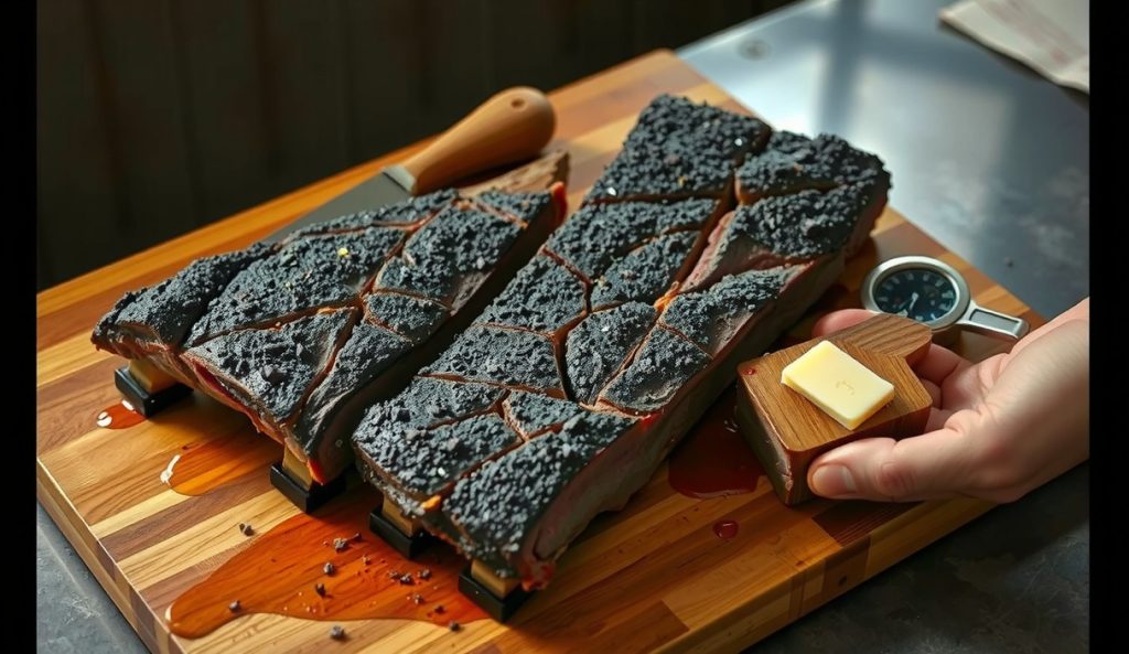 A three-bone slab of smoked beef short ribs on a weathered butcher block, cracked black bark with one rib pulled away showing a smoke ring and gelatinous interior, juice pooling beneath.