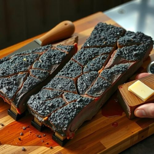 A three-bone slab of smoked beef short ribs on a weathered butcher block, cracked black bark with one rib pulled away showing a smoke ring and gelatinous interior, juice pooling beneath.