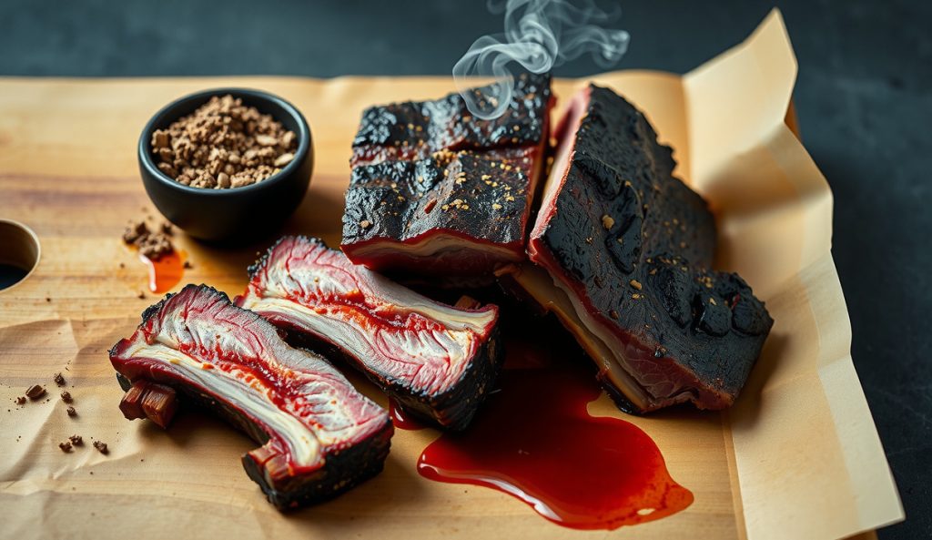 Gluten-free smoked beef short ribs with GF salt-and-pepper bark, collagen-rich cross-section and pink smoke ring on butcher paper, GF rub bowl nearby, steam and post-oak smoke drifting.