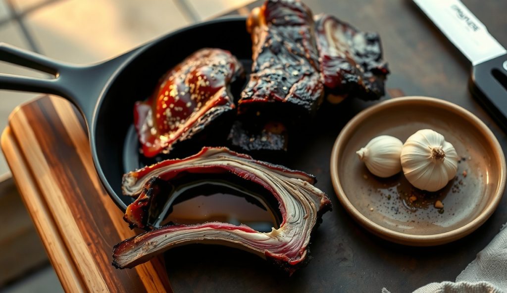 Keto smoked beef short ribs with sugar-free matte bark, gelatinous collagen glisten on cut surface, bone-broth ramekin replacing sauce, smoke ring in cross-section on cast iron surface.