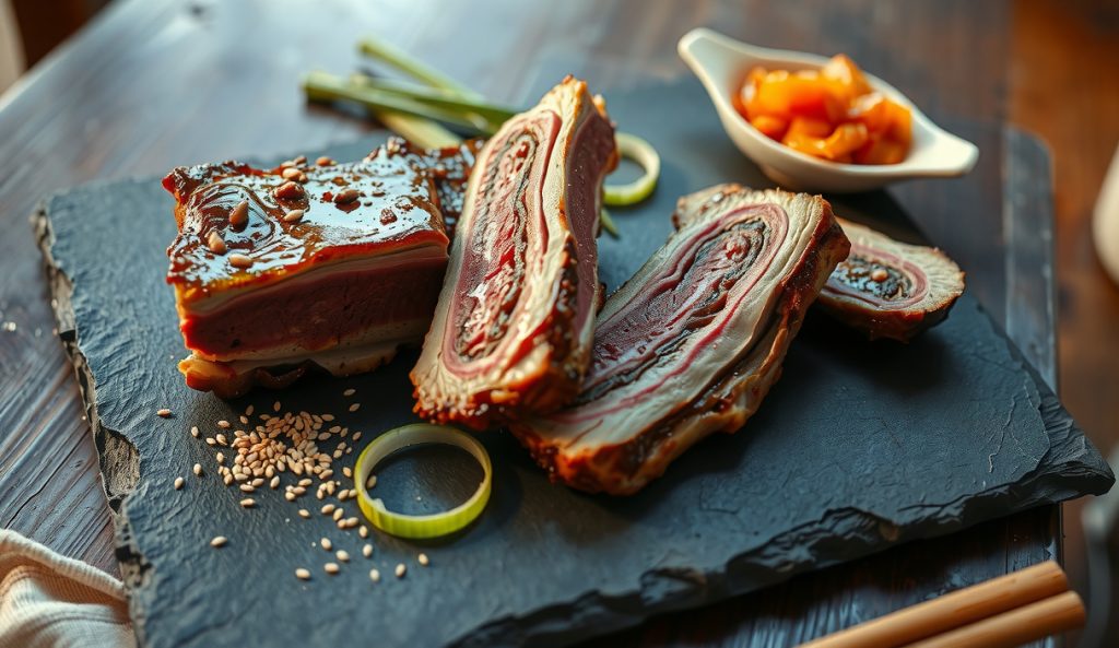 Korean galbi-style smoked beef short ribs with gochujang-soy lacquer bark, toasted sesame seeds, and sliced scallions on dark slate, with a kimchi side and visible smoke ring in cross-section.