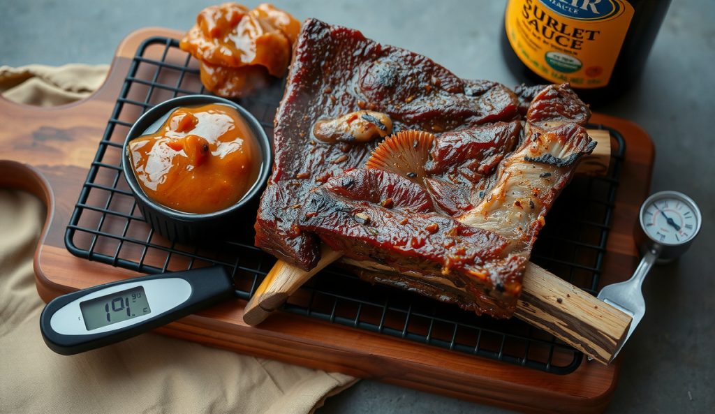 Smoked beef short ribs low-sodium adaptation showing well-formed bark from halved-salt rub and Worcestershire pre-coat, with ramekins of reduced vs. standard salt rub and Worcestershire bottle visible alongside.