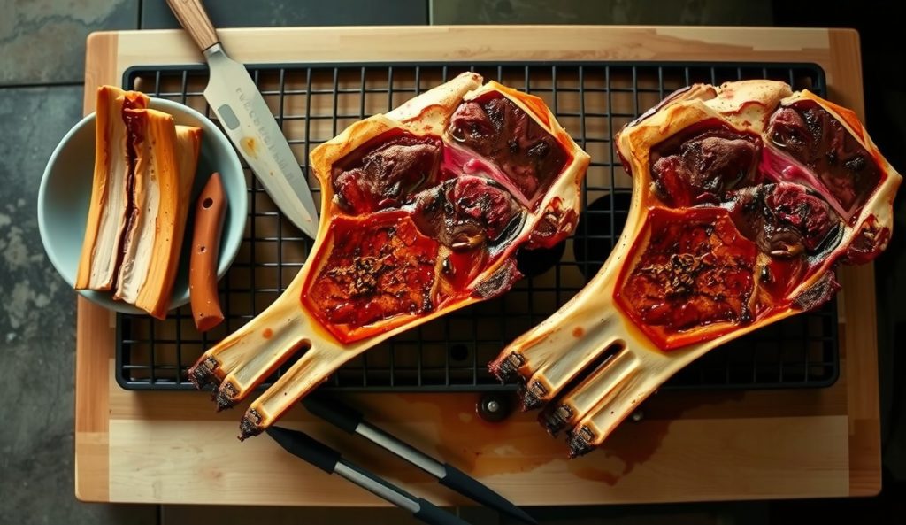 Three large slabs of smoked beef short ribs arranged side by side on smoker grates, showing deep mahogany bark and rendered fat, photographed from above to emphasize the scaled-up crowd-size cook.