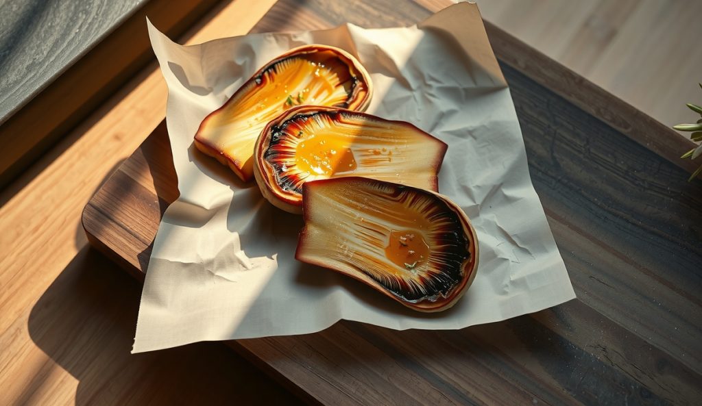 Vegetarian smoked short rib companion: thick celeriac and king oyster mushroom slabs with pepper bark and mushroom-stock glaze on butcher paper, smoke drifting, herb garnish on dark butcher block.
