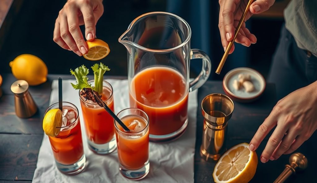 Brunch batch Bloody Mary service with a large pre-batched spiced tomato pitcher, four glasses being built with burnt-end skewers, fresh lemon squeezed per-order, garnish station organized alongside.