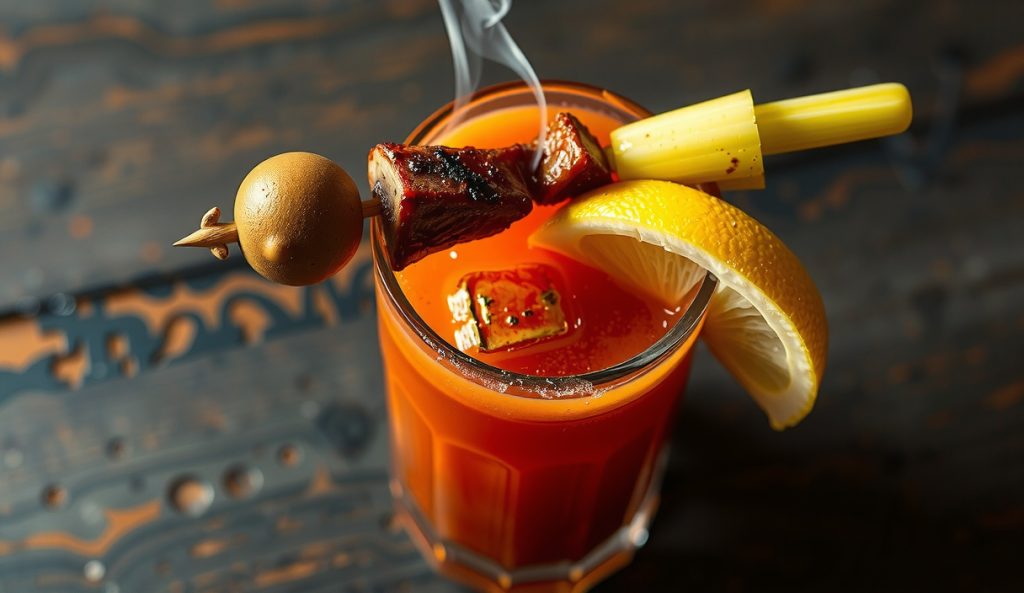 Three-quarter overhead highball of smoked Bloody Mary with deep red smoked tomato juice, a brisket burnt-end skewer with smoked olive and pickled okra across the rim, condensation on the glass.